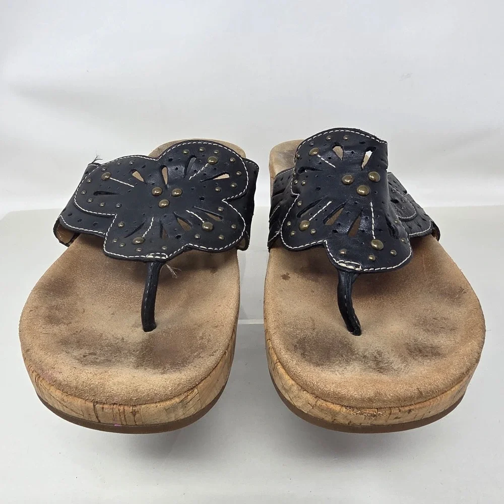 Clarks Artisan Wedge Sandals Women 9 Black Leather Cork Platform Flip Flop 18289